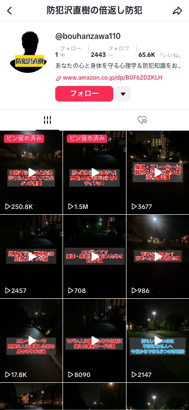 木村さんのTikTok「防犯沢直樹の倍返し防犯」のプロフィール画面。フォロワー2,443・いいね65.6K