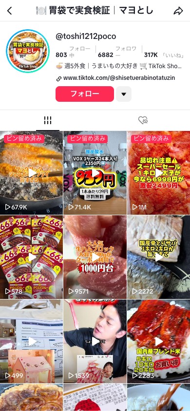 うっちーさんのTikTok「胃袋で実食検証」のプロフィール画面。フォロワー6,882・いいね317K